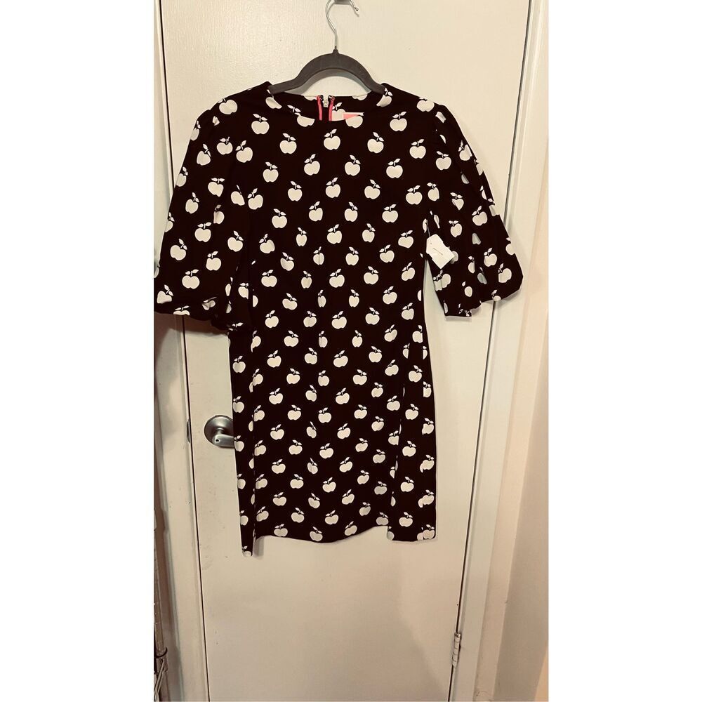 KATE SPADE Black and White Apple-Print Puff-Sleeve Dress